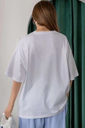 تی شرت سفید زنانه اورسایز یقه گرد پنبه (نخی) تکی بیسیک کد 650182938