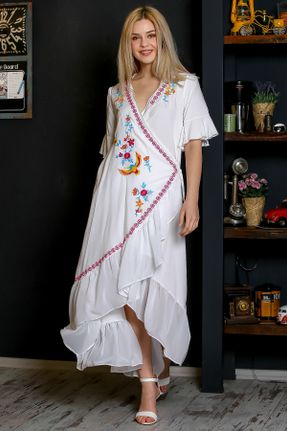 لباس سفید زنانه بافتنی مخلوط ویسکون طرح گلدار آستین-کوتاه کد 262529407