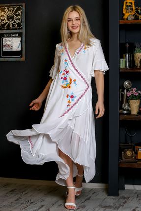 لباس سفید زنانه بافتنی مخلوط ویسکون طرح گلدار آستین-کوتاه کد 262529407