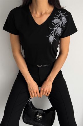 تی شرت مشکی زنانه ریلکس یقه هفت تکی طراحی کد 827040809