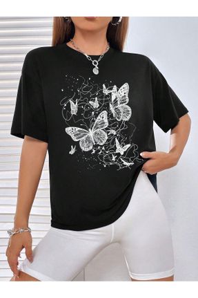 تی شرت مشکی زنانه اورسایز یقه گرد پنبه (نخی) تکی بیسیک کد 822231566