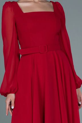 لباس مجلسی قرمز زنانه شیفون اسلیم فیت یقه مربع آستر دار کد 819017715