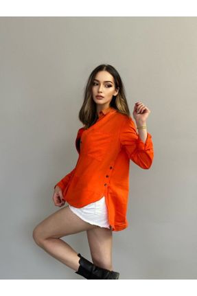 پیراهن نارنجی زنانه اسلیم فیت یقه پیراهنی کد 827388008