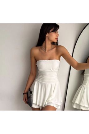 لباس سفید زنانه بافت مخلوط پلی استر استراپلز آستین-کوتاه پارتی کد 798677134