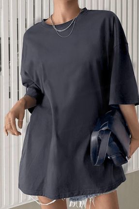 تی شرت طوسی زنانه اورسایز یقه گرد پنبه (نخی) تکی بیسیک کد 672479183