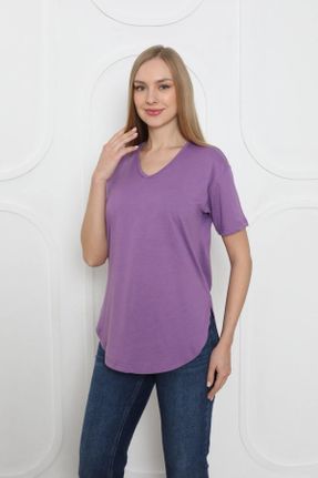 تی شرت بنفش زنانه رگولار یقه هفت پنبه (نخی) تکی بیسیک کد 831473735