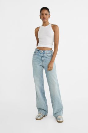 شلوار جین آبی زنانه پاچه گشاد فاق بلند پنبه (نخی) ساده استاندارد کد 242885181