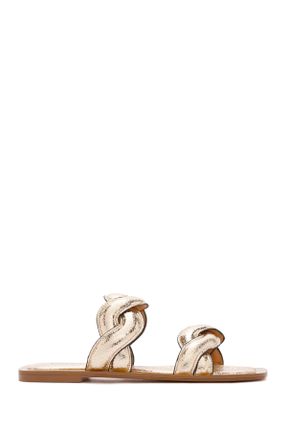 دمپائی طلائی زنانه چرم طبیعی پاشنه ساده پاشنه کوتاه ( 4 - 1 cm ) کد 829489576