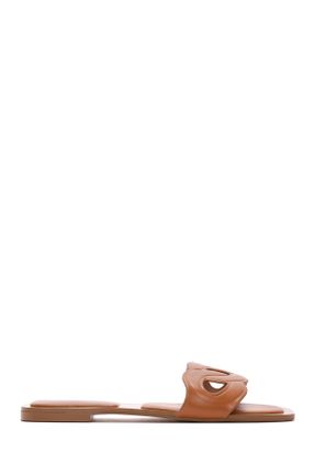 دمپائی قهوه ای زنانه چرم مصنوعی پاشنه کوتاه ( 4 - 1 cm ) پاشنه ساده کد 827091669