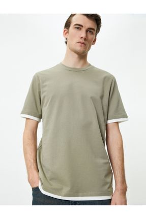 تی شرت خاکی مردانه رگولار یقه گرد پنبه (نخی) تکی کد 799812719