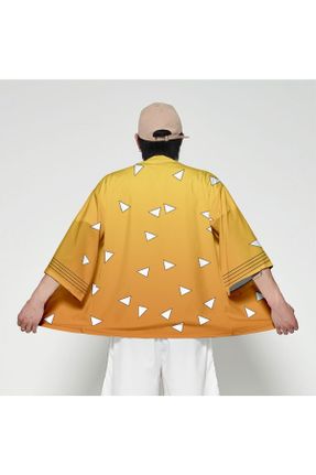 کیمونو زرد زنانه بافتنی طرح هندسی بلند کد 317440600