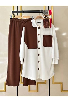 ست بالاتنه و پائین تنه حجاب قهوه ای زنانه Straight asyadabutik - کد 703340296
