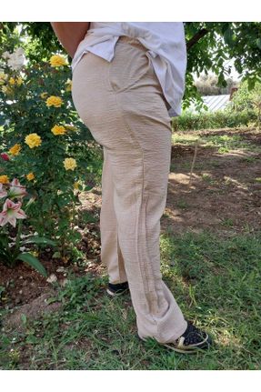 شلوار بژ زنانه کتان پارچه پاچه ساده فاق بلند کلاسیک کد 832364203