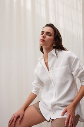 پیراهن سفید زنانه یقه پیراهنی مخلوط کتان اورسایز کد 828650199