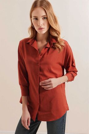پیراهن نارنجی زنانه اورسایز یقه پیراهنی پنبه - پلی استر کد 410912524