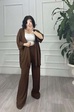 ست بالاتنه و پائین تنه قهوه ای زنانه بافتنی Dolunayca - کد 836218267
