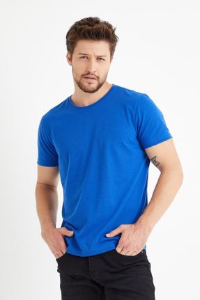 تی شرت سرمه ای مردانه رگولار یقه گرد پنبه - پلی استر 5