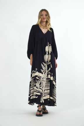 لباس مشکی زنانه پنبه (نخی) اورسایز آستین-بلند بیسیک کد 825534535