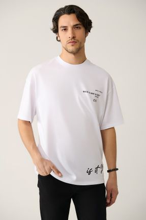 تی شرت سفید مردانه پنبه (نخی) رگولار یقه گرد کد 824029412