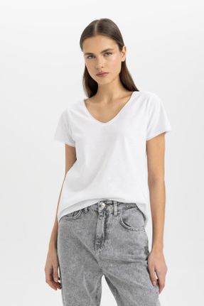 تی شرت سفید زنانه یقه هفت رگولار تکی کد 821351196