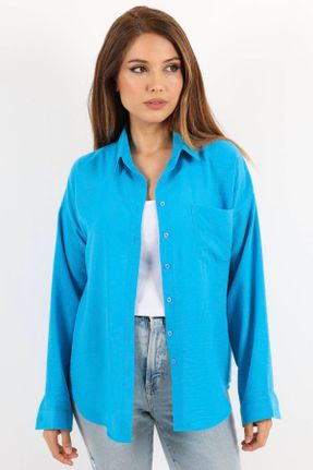 پیراهن آبی زنانه اورسایز یقه پیراهنی کتان کد 835973227