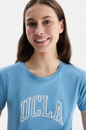 تی شرت آبی زنانه رگولار یقه گرد پنبه (نخی) تکی کد 819011806