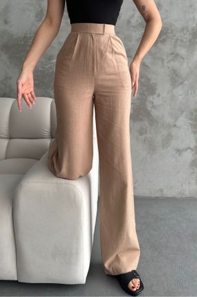 شلوار بژ زنانه پنبه (نخی) فاق بلند بافتنی پاچه راحت راحت کد 835802182