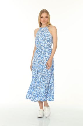 لباس آبی زنانه بافتنی ویسکون طرح گلدار A-line کد 831228054