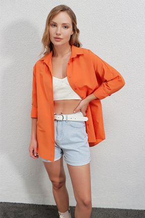 پیراهن نارنجی زنانه اورسایز یقه پیراهنی پنبه - پلی استر کد 155178838