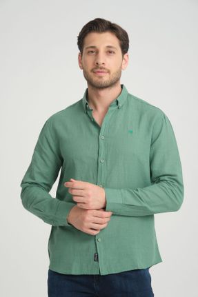 پیراهن سبز مردانه اسلیم فیت یقه پیراهنی کتان کد 836228105