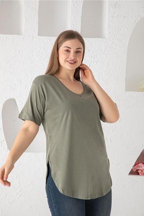 تیشرت سایز بزرگ خاکی زنانه تکی Trendbade Butik - کد 456196701