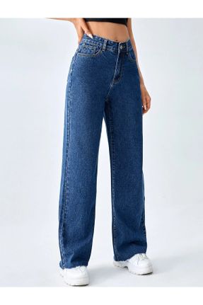 شلوار سرمه ای زنانه بافت جین پاچه راحت فاق بلند باگی فیت کد 778180002