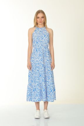 لباس آبی زنانه بافتنی ویسکون طرح گلدار A-line کد 831228054