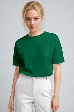تی شرت سبز زنانه پنبه (نخی) یقه گرد رگولار تکی بیسیک کد 833051133