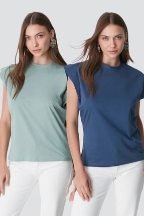 تی شرت سبز زنانه یقه گرد رگولار پنبه (نخی) 2