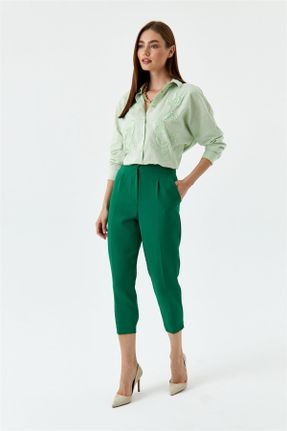 شلوار سبز زنانه فاق بلند پاچه تنگ پنبه (نخی) بافتنی رگولار کد 683015243