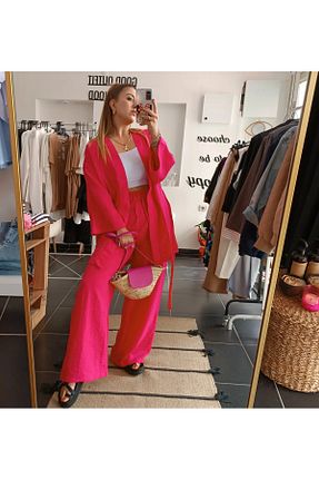 کیمونو و کافتان صورتی زنانه کتان SMGBUTİK - کد 836370104