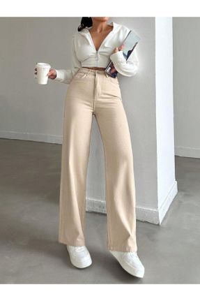 شلوار جین بژ زنانه پاچه راحت سوپر فاق بلند پوشاک ورزشی بلند کد 836396875