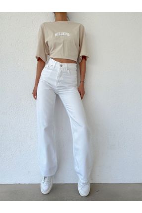 شلوار جین سفید زنانه پاچه گشاد فاق بلند جین ساده بلند کد 824885867