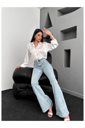 شلوار جین آبی زنانه پاچه اسپانیولی فاق بلند جین ساده جوان کد 821390130