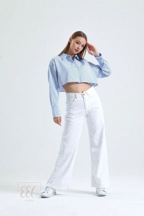 شلوار جین سفید زنانه پاچه گشاد فاق بلند جین کد 824885471