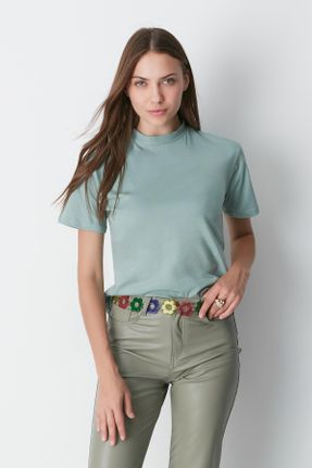 تی شرت سبز زنانه رگولار یقه ایستاده پنبه (نخی) 2