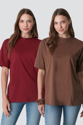تی شرت قهوه ای زنانه اورسایز یقه گرد پنبه (نخی) 2