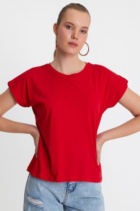 تی شرت قرمز زنانه یقه گرد مودال- پنبه رگولار تکی بیسیک کد 442716411