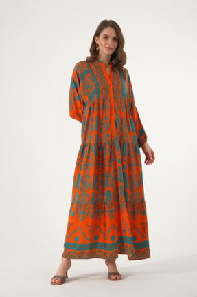 لباس نارنجی زنانه پنبه (نخی) اورسایز آستین-بلند بیسیک کد 804778470