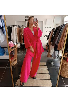 کیمونو و کافتان صورتی زنانه کتان SMGBUTİK - کد 836370104
