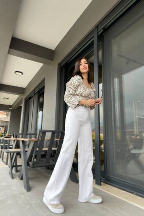 شلوار جین سفید زنانه پاچه گشاد فاق بلند جین کد 824884009