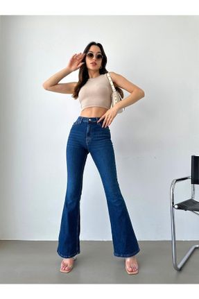 شلوار جین سرمه ای زنانه پاچه اسپانیولی فاق بلند جین ساده کد 824883238