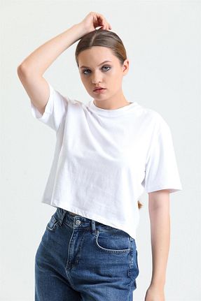 تیشرت سفید زنانه کراپ pulur.co - کد 683598711