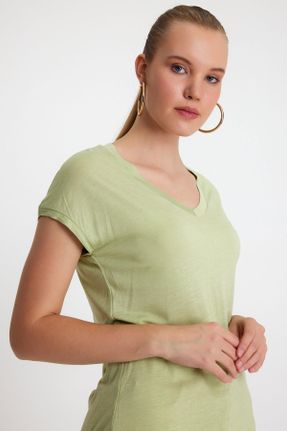 تی شرت سبز زنانه بامبو رگولار یقه هفت تکی بیسیک کد 442686538